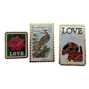 Vintage USPS Stamp Lapel Pins Metal Winco Set of 3 Dog Rose Bundle Lot